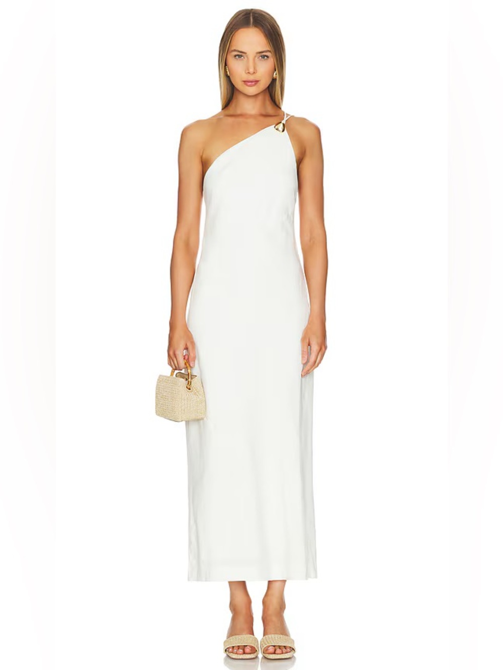 Cult Gaia Rinley One-Shoulder White Maxi Dress with Gold Detail
